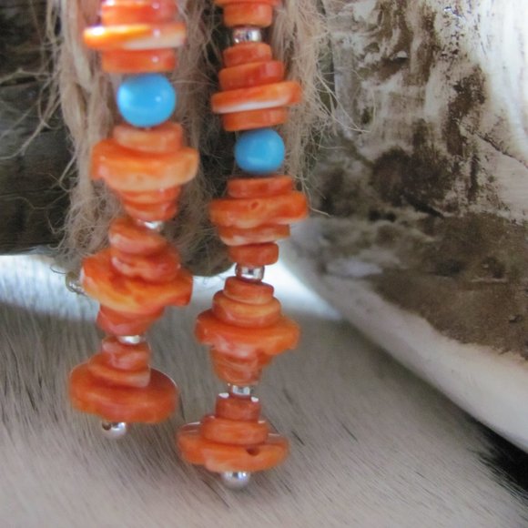 ZUNI HAND MADE SPINY  OYSTER & SLEEPING BEAUTY TURQUOISE EARRINGS - Picture 6 of 16